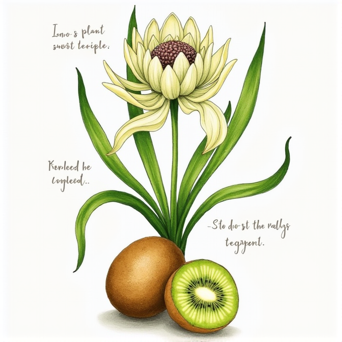 A stylized kiwi fruit plant with a large flower and full kiwi fruits at its base.