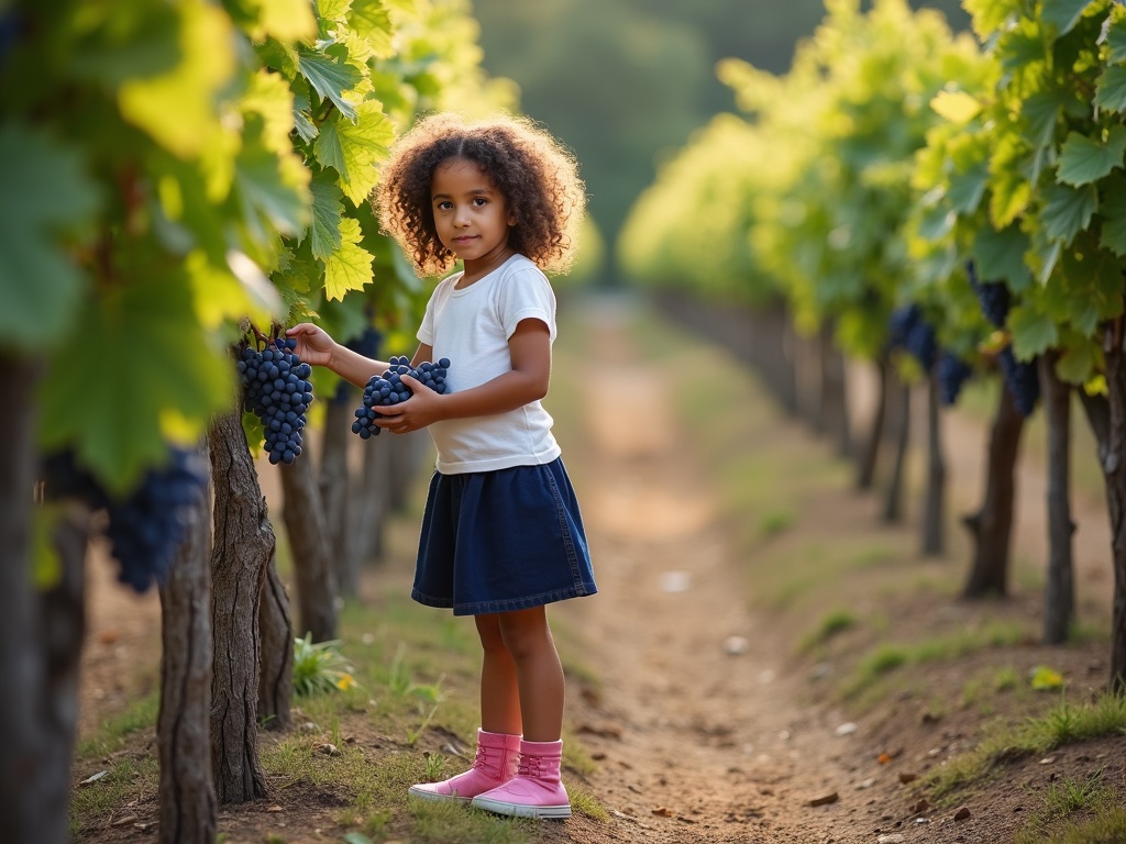 A girl inspects blue grapes in a vineyard. She wears a short white top and dark blue skirt with pink ankle socks. Background shows green vines and earth under warm sunlight. Captured in a charming rural setting.