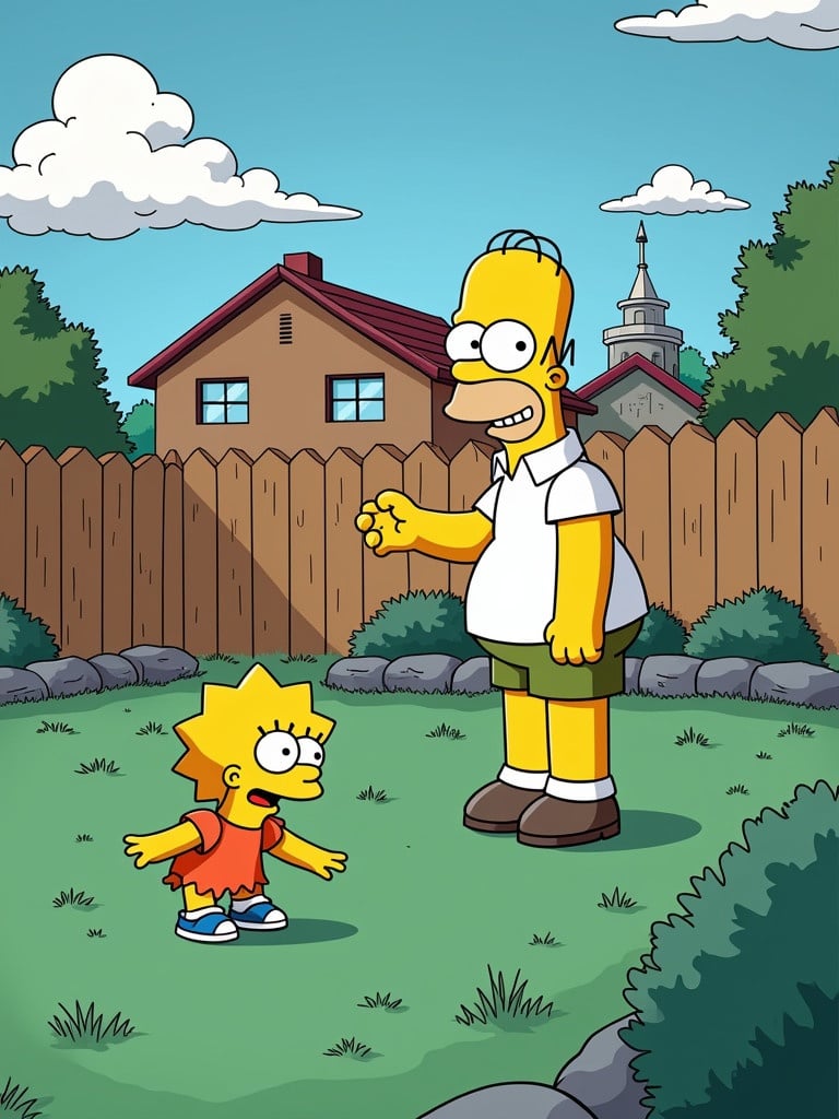 Cartoon characters in a backyard scene. Homer Simpson is waving to Lisa Simpson. They are in a green yard with a house and trees in the background.