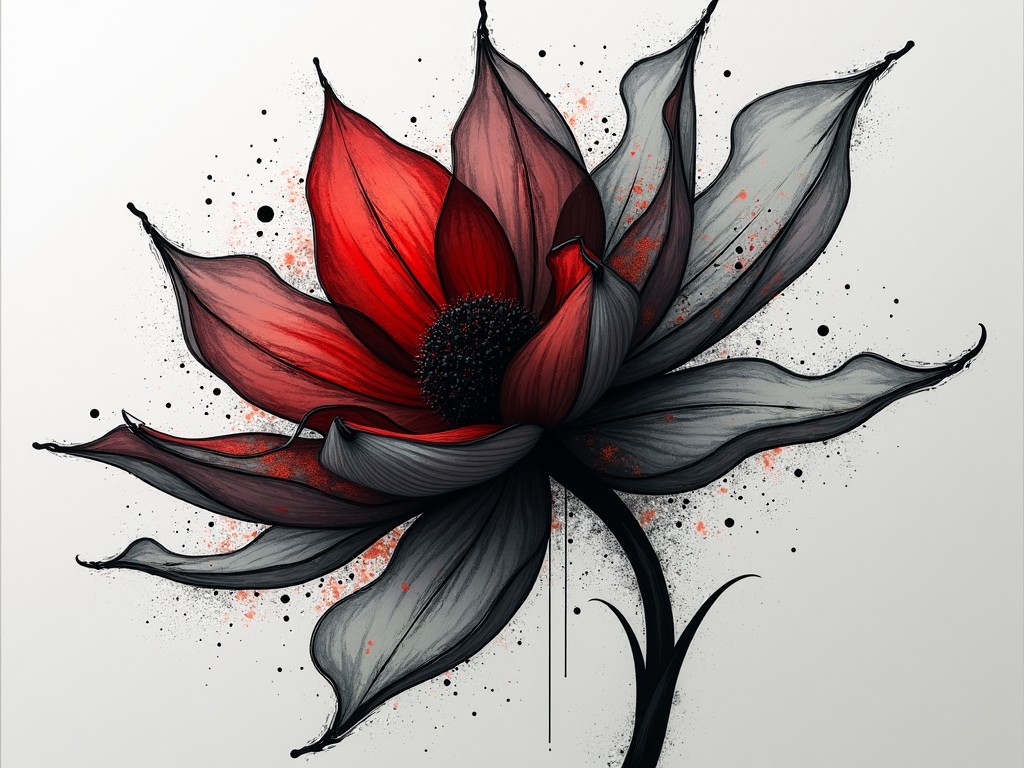 This image showcases a beautifully stylized flower, using a monochromatic black and white scheme with striking red accents. The flower appears elegant and modern, making it a perfect fit for contemporary art lovers. Its intricate details and abstract form draw the eye, emphasizing the contrast between the bold red and the softer gray tones. This design can inspire various creative projects, being suitable for products ranging from décor to fashion. The overall aesthetic is minimalist yet impactful, making a statement in any visual medium.