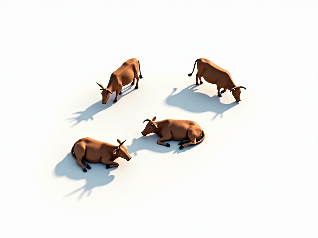 This image depicts a group of four cows resting and grazing against a plain white background. The cows are rendered in realistic style, showcasing a natural brown color. We view them from a diagonal perspective above, which allows us to see some cows lying down while others are grazing or observing their surroundings. Long shadows are cast towards the bottom right, enhancing the three-dimensional effect of the scene. The composition emphasizes a tranquil farm setting and portrays the cows in their natural behavior.