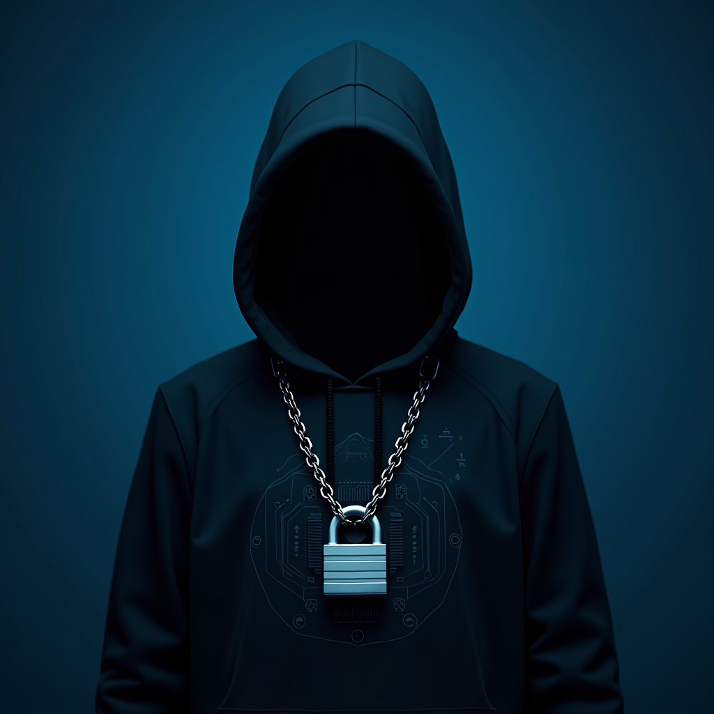 A mysterious hooded figure with a padlock necklace stands against a dark, enigmatic background.