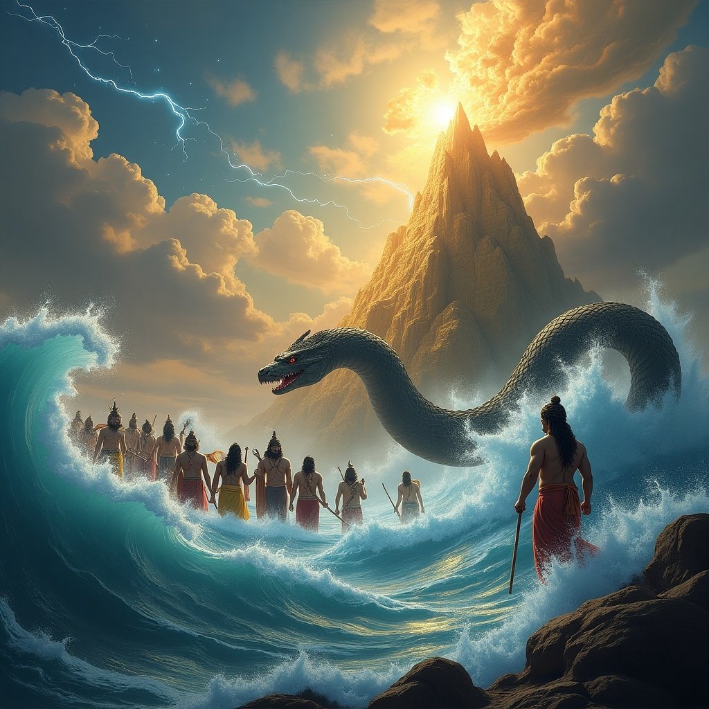 A grand visual narrative of the Samudra Manthan. The Devas and Asuras on opposite sides pull Vasuki, a massive serpent, wrapped around the glowing Mount Mandara. This mountain acts as a churning rod in the turbulent ocean. Divine beings with radiant features face fierce Asuras. The ocean glimmers with treasures like Amrita and Goddess Lakshmi. The sky is alive with dramatic clouds and lightning bolts. The image must be ultra-HD, vibrant, and intricate, reflecting a divine ambiance.