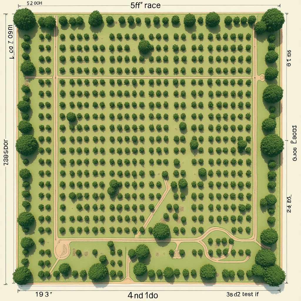 A detailed plantation layout plan for 2,500 moringa trees on a 1-acre plot. Designed in a grid pattern. Rows spaced 5 feet apart, trees 2 feet apart. Irrigation pathways every 50 feet. Composting and tool storage zone. Pathways for maintenance access. Clean, professional design in green and brown. Top-down aerial view with labels for distances and dimensions.