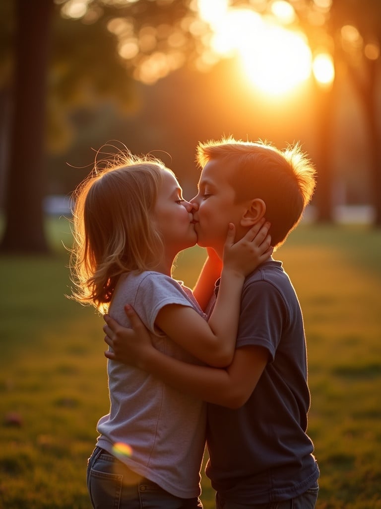 A girl and boy kiss in a park. It is sunset. Warm light surrounds them. They are close together. The scene is romantic and innocent.