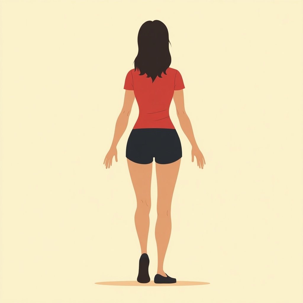 Image of a stylized woman viewed from behind. She has a narrow waist, wide hips, and stands confidently. Wearing a red top and black shorts. Background is soft beige highlighting the silhouette.