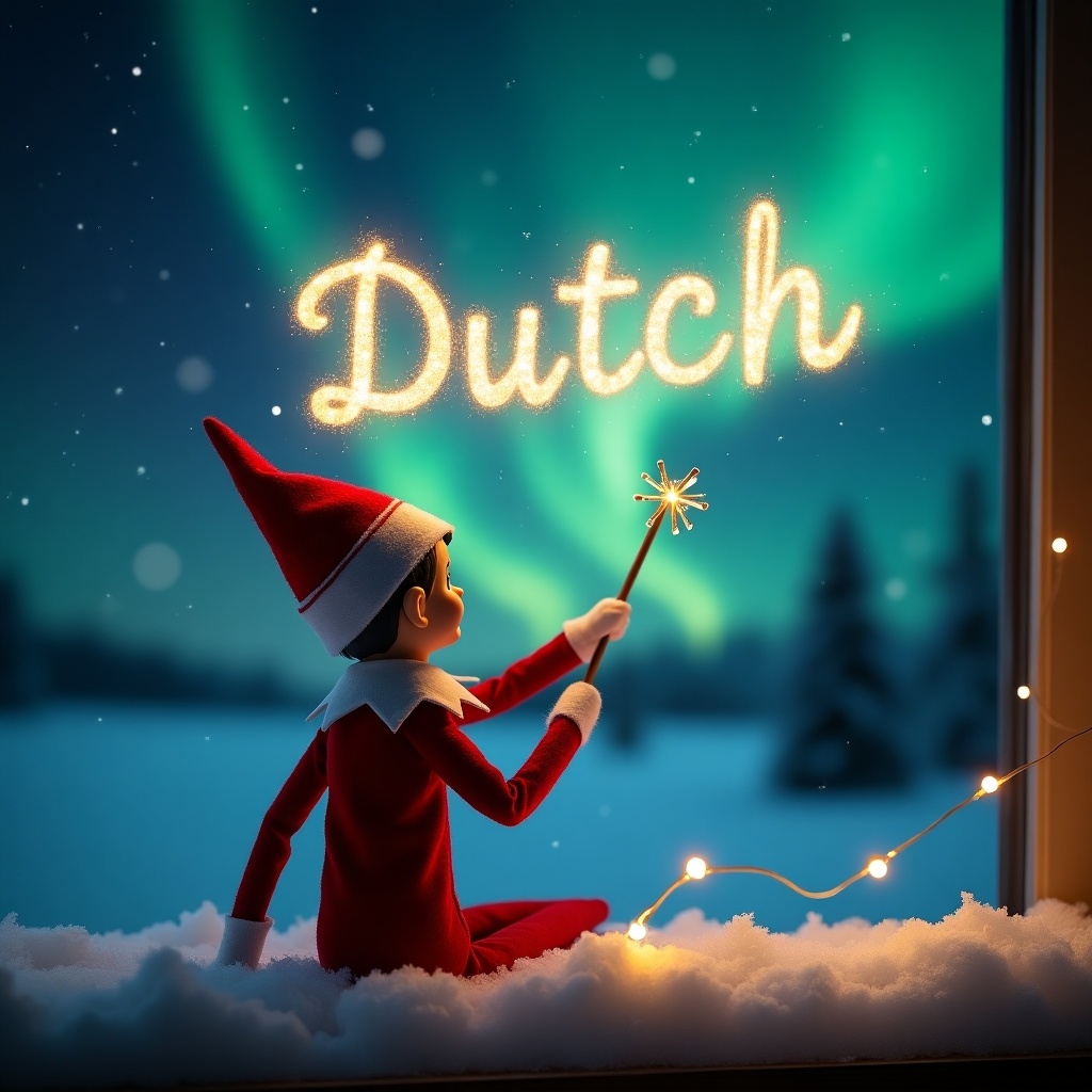 This image showcases an elf on the shelf positioned with its back to the viewer. The elf, dressed in a traditional red outfit, faces up towards a beautiful dark sky filled with vibrant northern lights. With a magic wand in hand, it elegantly writes the name Dutch in sparkling letters against the backdrop. The snowy ground adds a serene touch to this magical scene. The overall atmosphere is filled with wonder and holiday joy, perfect for capturing the essence of Christmas.