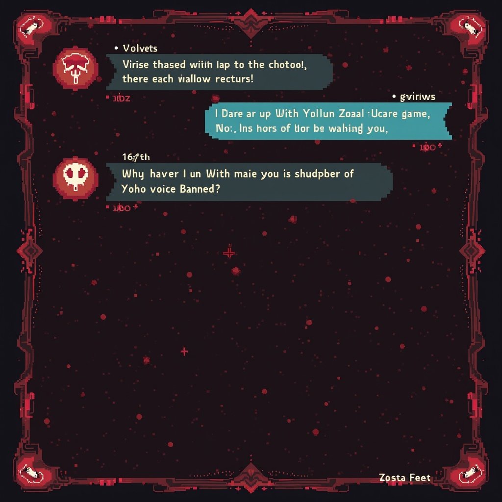 A stylized chat interface featuring a conversation about a computer virus. The design includes pixel art elements with a space-themed background and glowing text. The conversation hints at technical jargon and potential consequences involving a chat application.