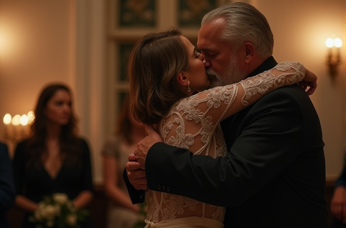 A couple shares a kiss at a wedding, surrounded by soft lighting and guests.