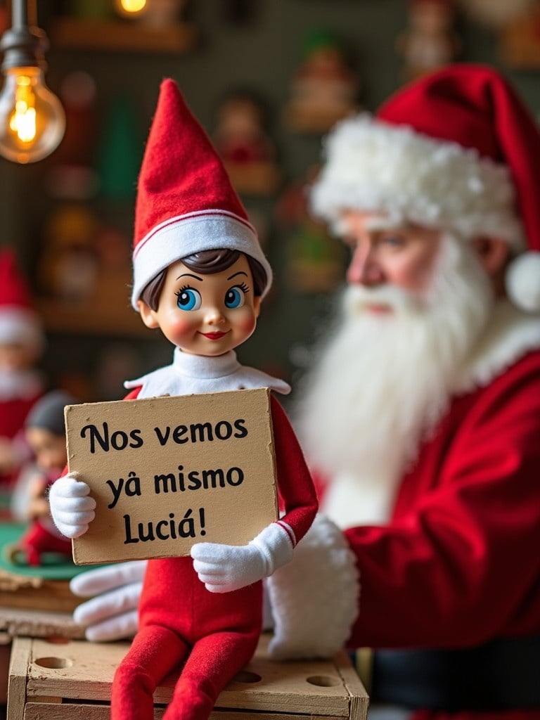 An elf doll in a red outfit holds a sign. The sign reads 'Nos vemos ya mismo Lucía!' Santa Claus is present in a toy workshop surrounded by toys and elves.