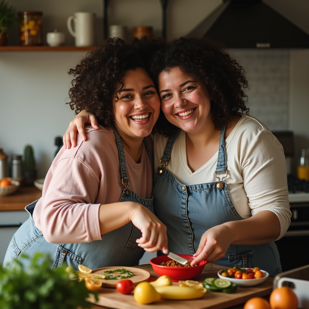 Two smiling individuals in matching overalls enjoy cooking together in a cozy kitchen.