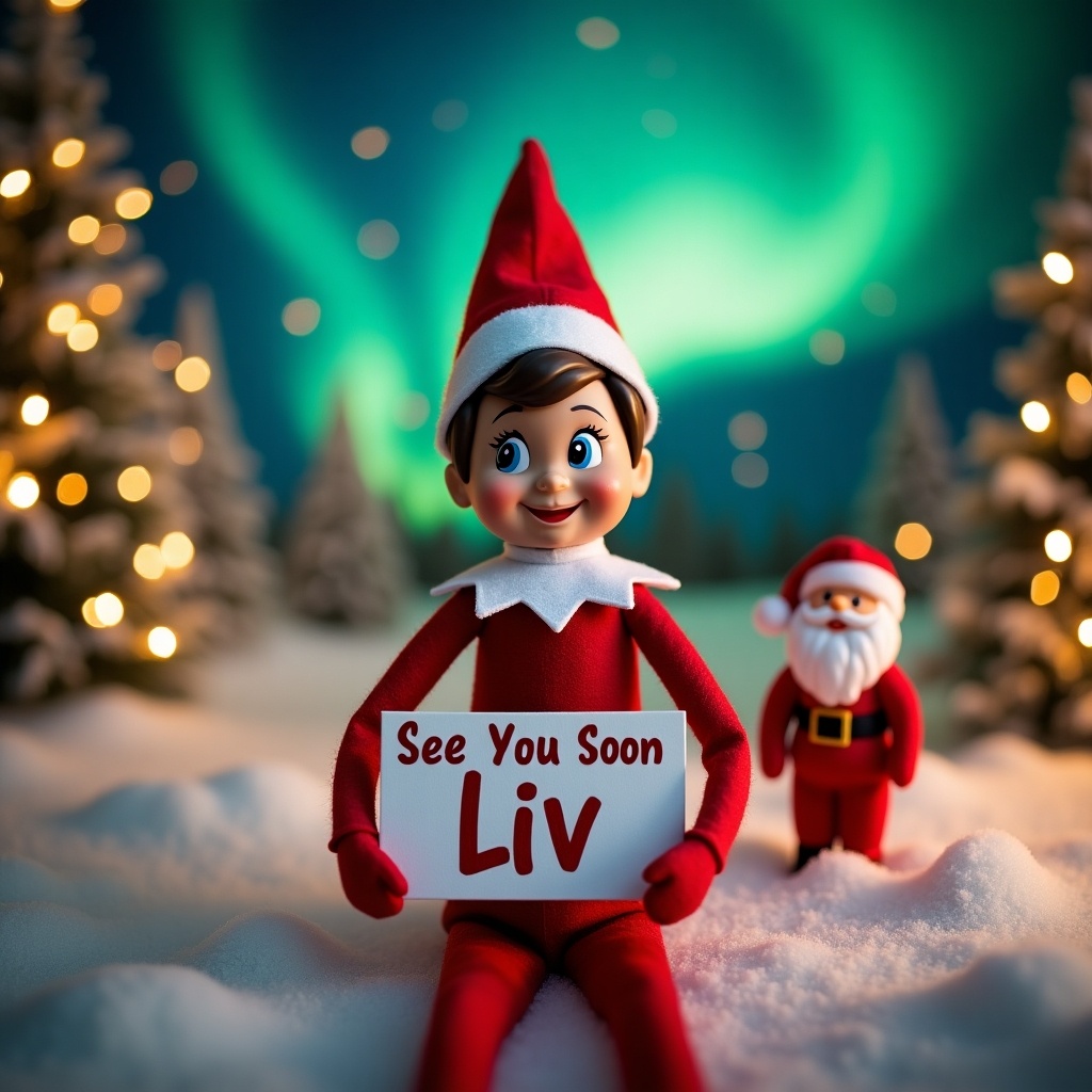 The image features an Elf on the Shelf character cheerfully holding a sign that reads 'See You Soon Liv'. The elf is dressed in traditional Christmas colors, with a festive backdrop filled with twinkling lights and snow-covered trees. In the background, magical northern lights illuminate the night sky. Alongside the elf is a friendly Santa figure, adding to the holiday charm. This scene evokes a warm and cheerful atmosphere, ideal for the Christmas season. The overall composition is designed to capture the festive spirit and anticipation of the holidays.