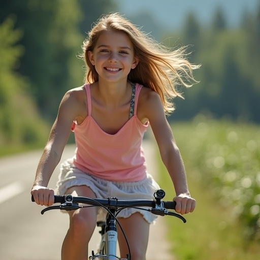 Beautiful and slim girl riding a bicycle in a miniskirt outdoors. The girl smiles and enjoys the ride. Bright sunlight enhances the vibrant scenery