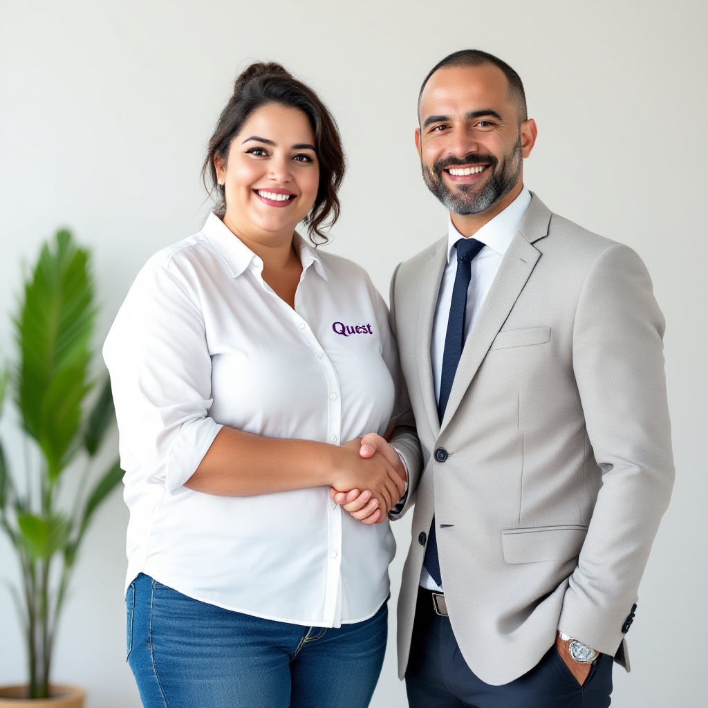 A warm Spanish daycare teacher stands confidently. She wears a white shirt with 'Quest' embroidered in purple and comfortable blue jeans. A company executive dressed in business attire shakes hands with her. The setting is professional but welcoming, reflecting warmth and professionalism.