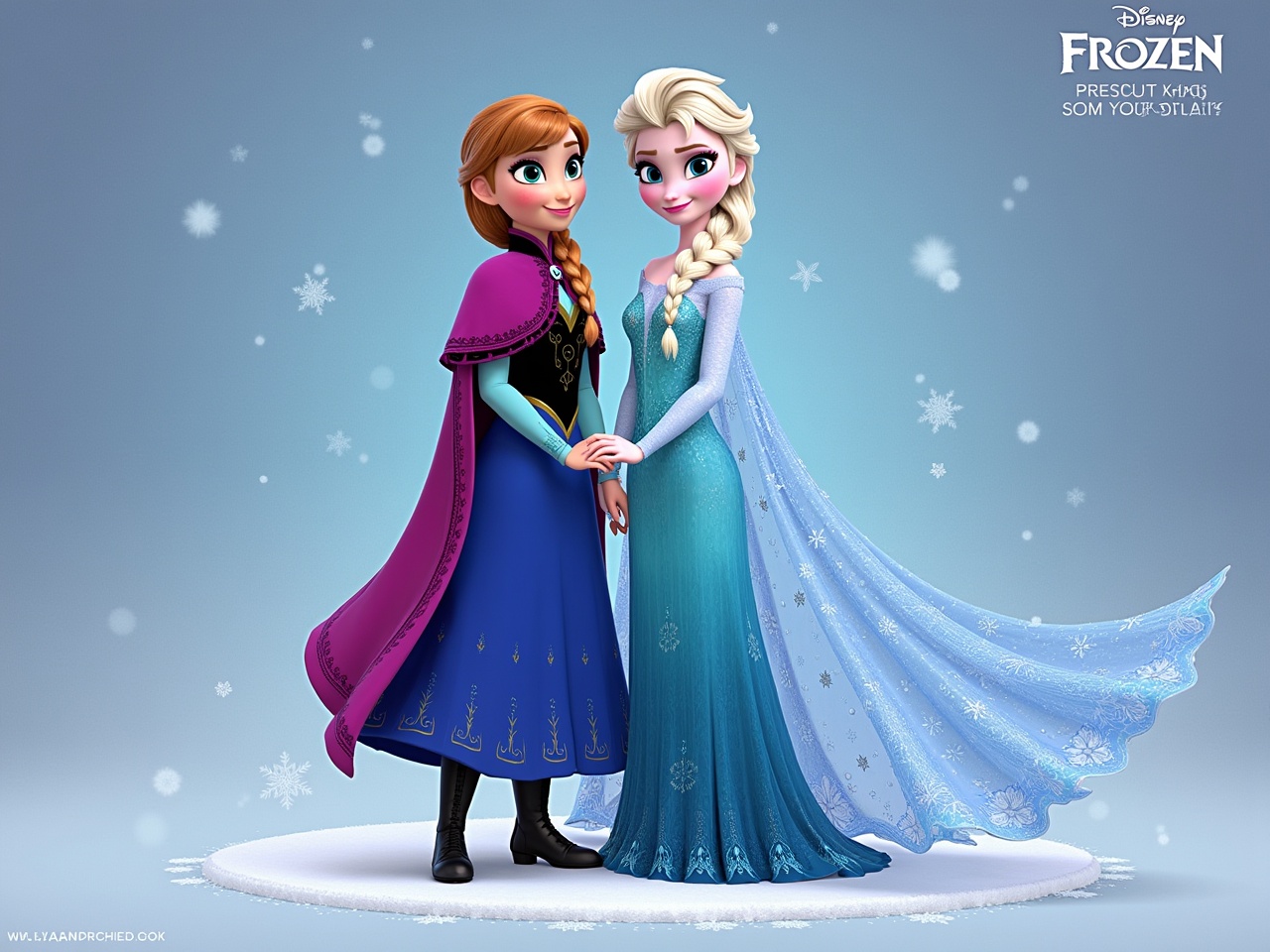 This image features Anna and Elsa from Disney's Frozen. They are depicted in a friendly pose, holding hands with smiles on their faces. Elsa is wearing a sparkly blue gown, while Anna is dressed in a colorful outfit with a cape. The background is soft and light blue, with falling snowflakes, adding a magical feel to the scene. The characters embody themes of sisterhood and love. It's a vibrant and inviting illustration that appeals to fans of all ages.