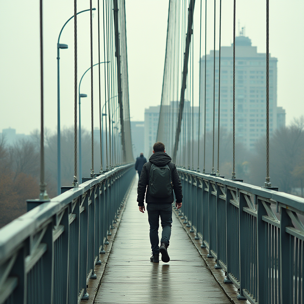 A person walks across a steel suspension bridge under an overcast sky.