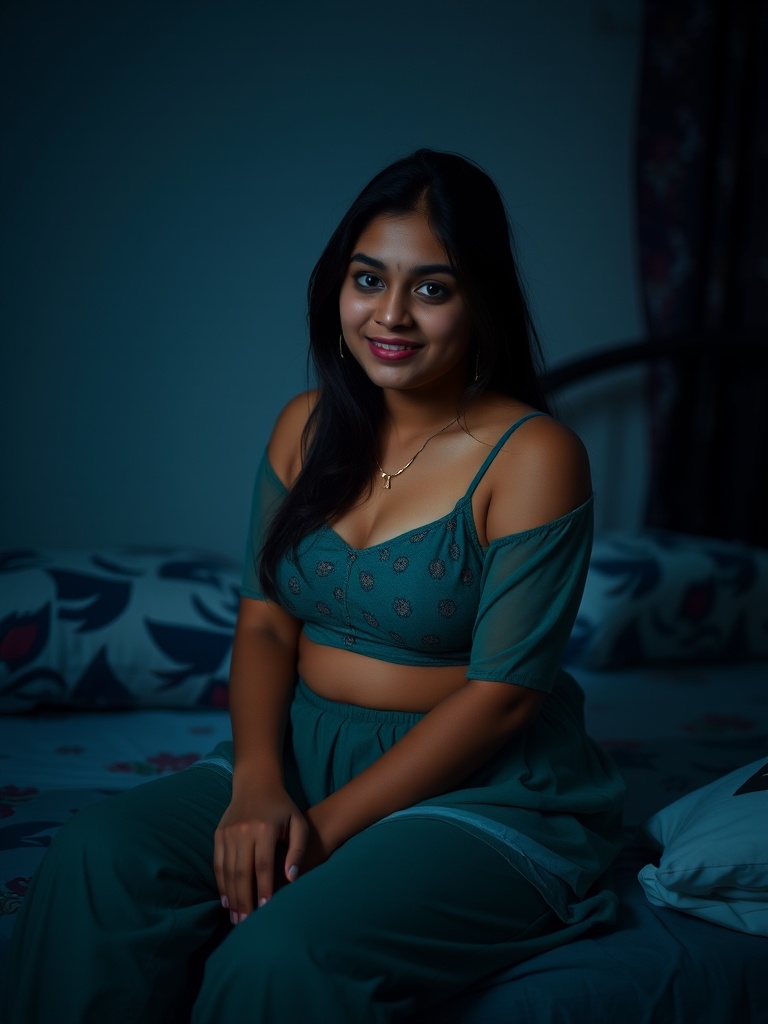 A woman sitting gracefully on a bed, dressed in a teal outfit, creating a serene and intimate atmosphere.