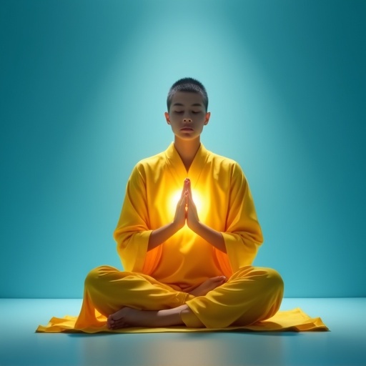 A person sits in a meditative pose. They wear a vibrant yellow robe. The background is a soft blue. Radiant light emanates from their chest. One hand rests in the lap while the other forms a mudra. The atmosphere feels soothing and spiritual.