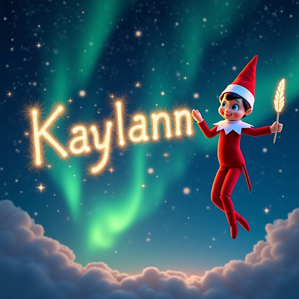 Elf character dressed in red uniform is writing 'Kaylann' with glowing sparkles in the sky. Northern lights illuminate the background. Clouds are present beneath the elf.