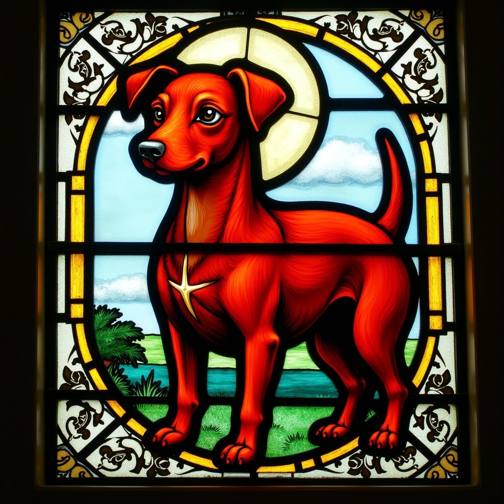 Stained glass window showing a red dog. Bright colors. Intricate details. Religious symbol in church setting. Decorative art expressing spirituality.