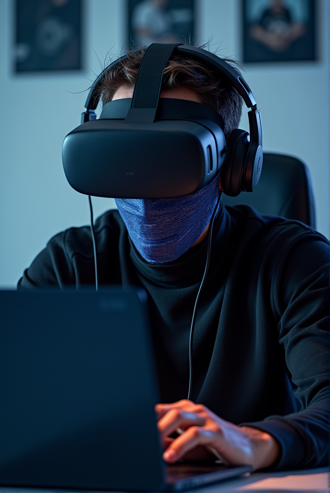 A person wearing a virtual reality headset and headphones is sitting in front of a laptop, in a dimly lit room.