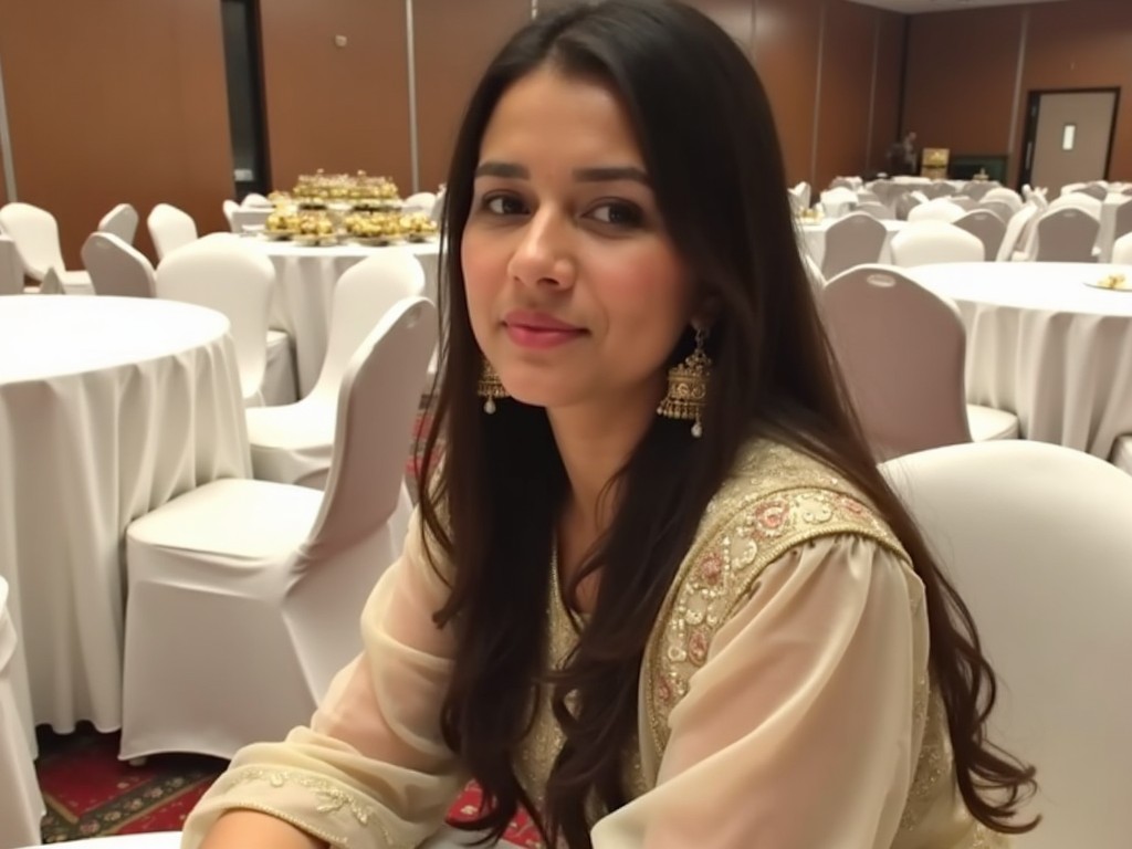 A woman in traditional attire at a formal event, sitting in a dining hall with white tablecloths, wearing earrings and smiling.