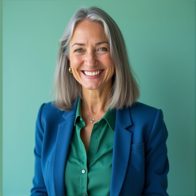 A smiling woman with gray hair wearing a blue blazer and green shirt against a teal background.