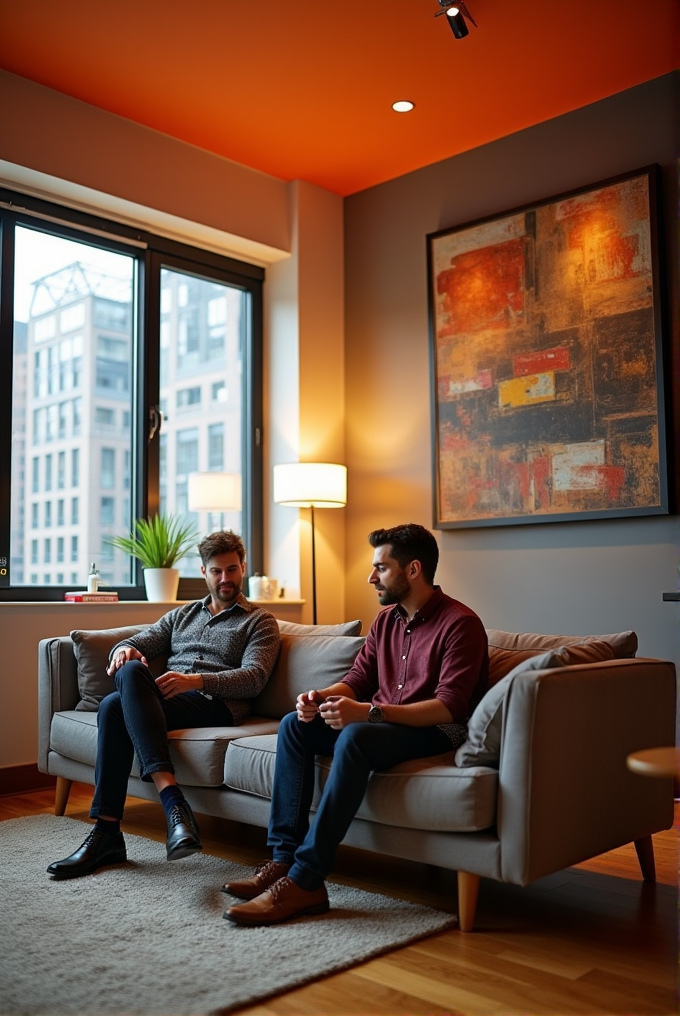 Two men sit on a sofa in a modern apartment, engaged in conversation, with city views from the window and abstract art on the wall.