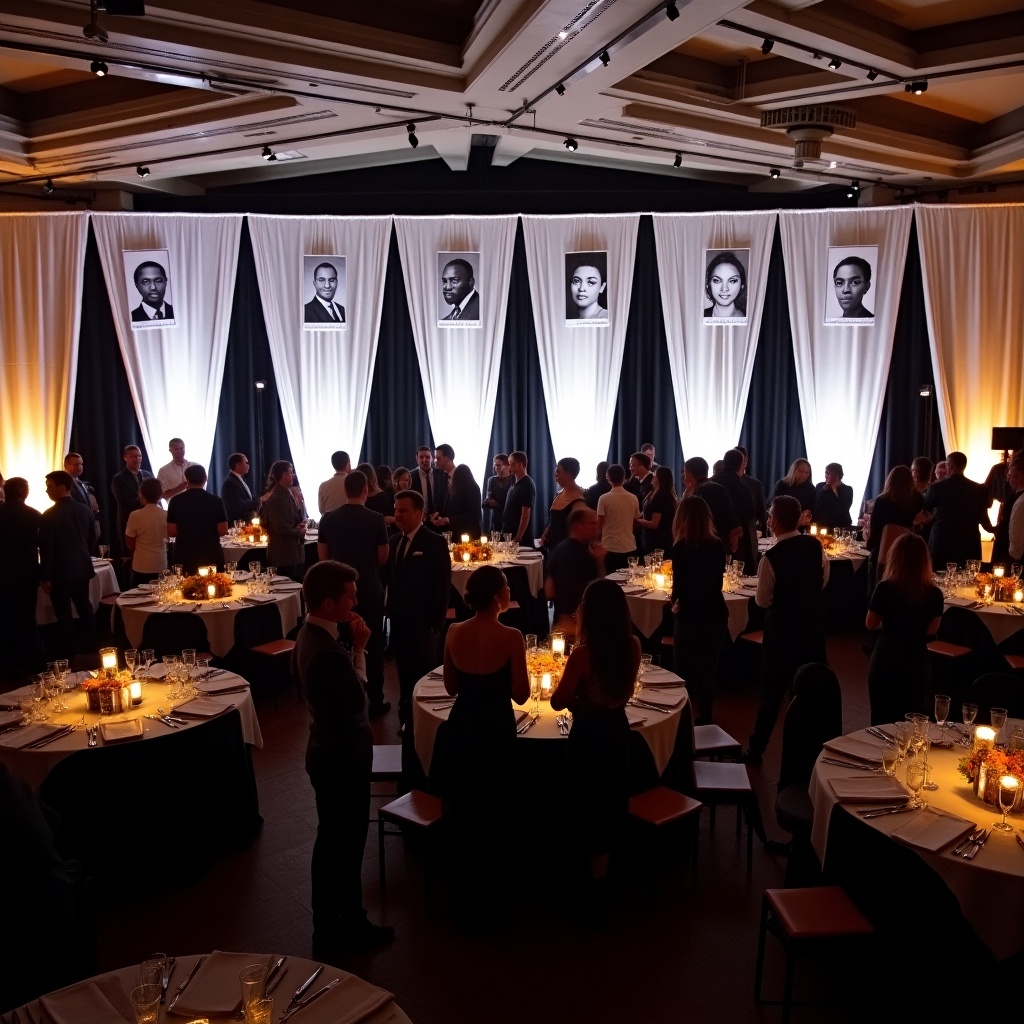 This image captures a large cocktail reception set in an elegantly decorated venue. Black and white wall drapes create a sophisticated backdrop, adorned with black and white portraits of distinguished African American graduates. Guests are mingling, gathered around elegantly set tables with soft candlelight. The atmosphere is warm and inviting, enhanced by well-placed lighting that highlights the decor. This scene epitomizes a celebration of achievement and heritage, making it perfect for formal events or galas.