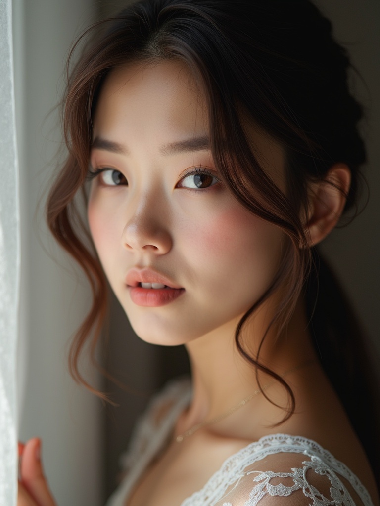 Capture the quiet elegance of a beautiful Asian woman. Soft lighting enhances the delicate features and natural hair texture.