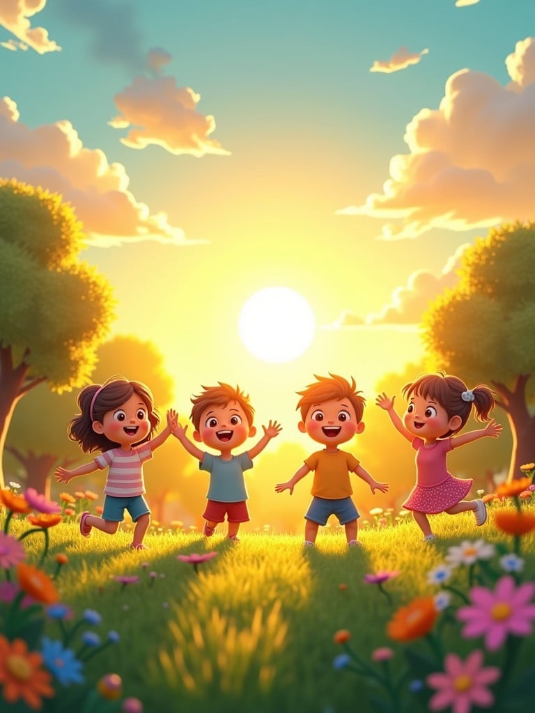 Early morning scene. Children play joyfully in a vibrant garden. Bright sunlight shines. Sun rises, illuminating the sky with golden hues. Animated form illustration.