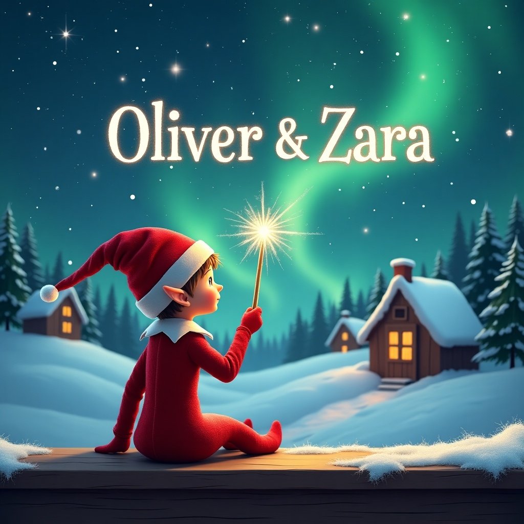 Two elves sit on a wooden ledge gazing at a magical sky. One elf wears a red outfit and a pointed hat, holding a sparkling wand. The elf writes the names 'Oliver & Zara' in the sky. A snowy landscape with charming houses and evergreen trees is in the background under Northern Lights. The scene captures childhood magic and Christmas cheer.