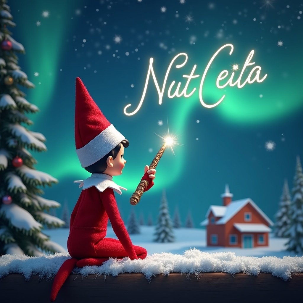 A whimsical scene capturing the holiday spirit. An elf sits on a snowy ledge with his back to the viewer, gazing up at the magical northern lights in the sky. He uses a wand to write the name 'Shyla' in shimmering letters overhead. The background features a cozy, snow-covered cabin and festive trees, adding to the Christmas charm. Soft lighting enhances the enchantment of the scene, making it perfect for holiday celebrations.