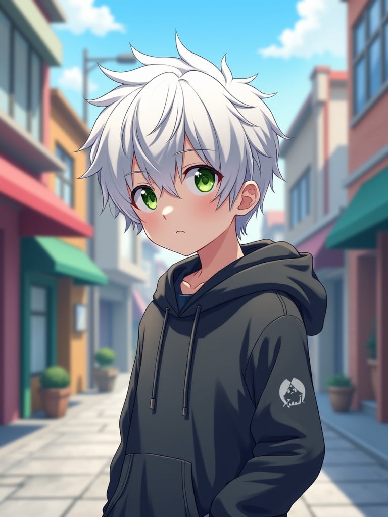 Anime character wearing a hoodie standing in a colorful urban street under bright daylight. Character has white hair and small green eyes. Background shows urban buildings and shops.