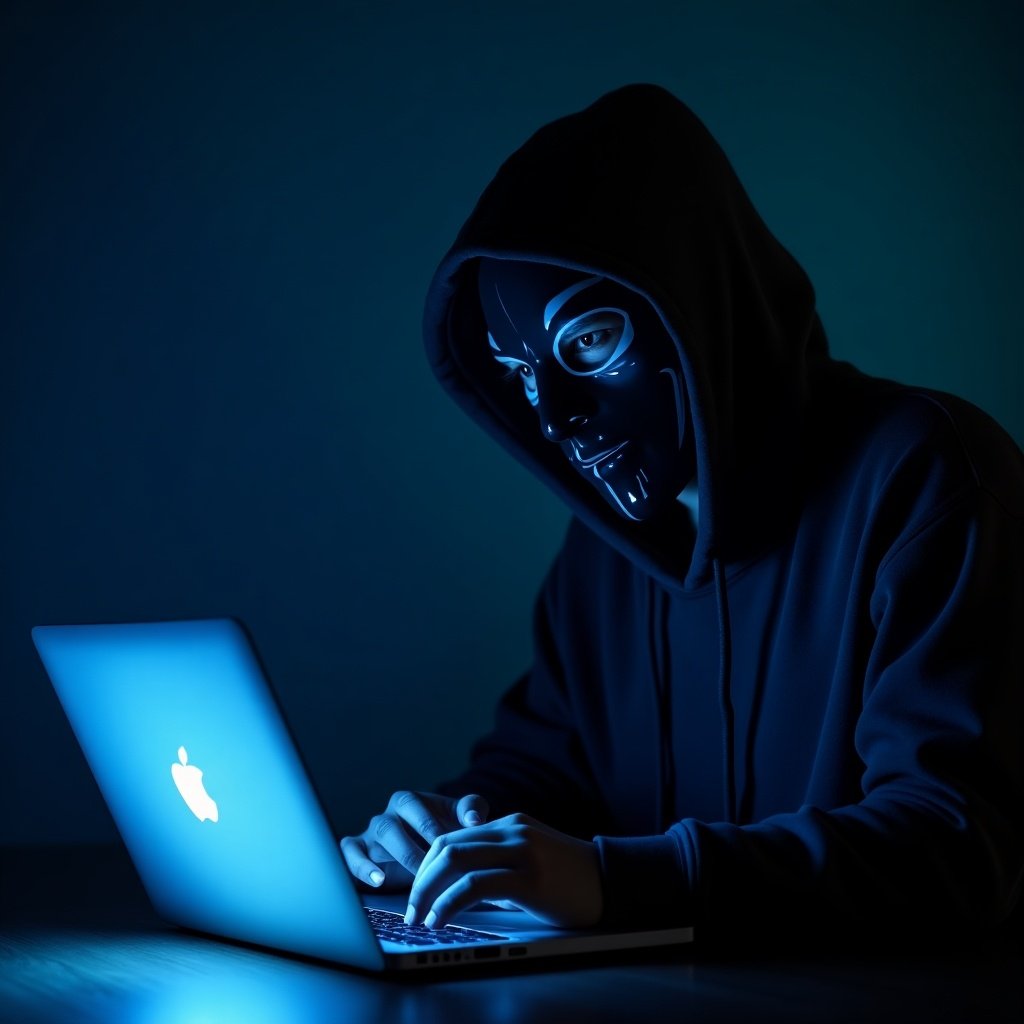 Masked individual in dark hoodie works intently on illuminated laptop in dim blue light digital setting.