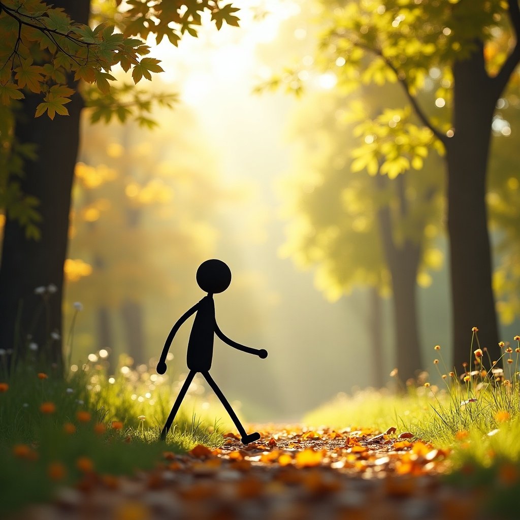 Stick figure walks through a sunlit park with autumn colors. The path is covered with leaves. Sunlight filters through trees creating a warm atmosphere.