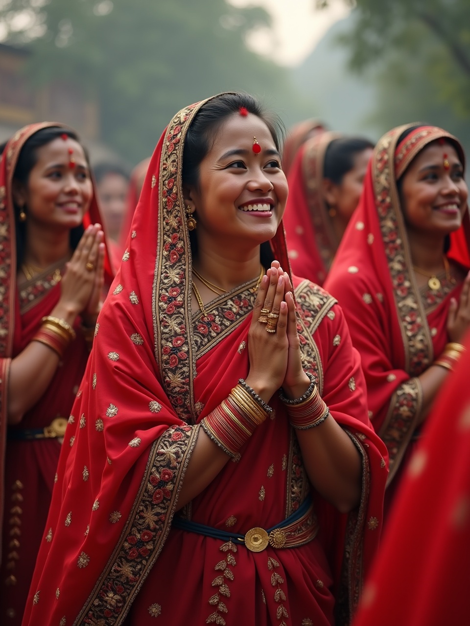 A group of women dressed in traditional Indian attire, wearing red sarees adorned with intricate gold embroidery, standing together with hands in a prayer gesture, looking joyous and serene. The background has a natural, blurred greenery.