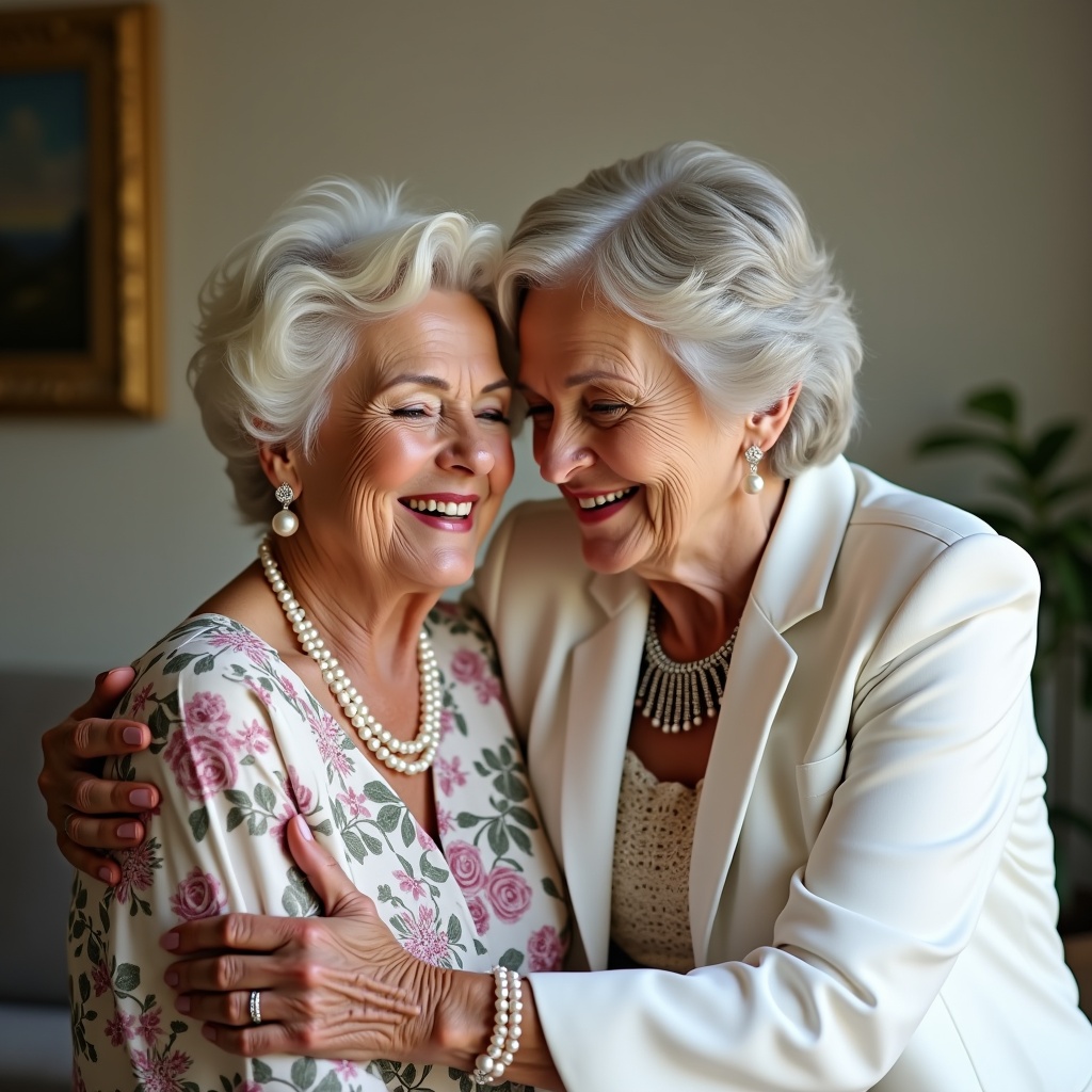 The image features two older women in elegant attire sharing a close and warm moment. One woman has a floral dress with pearls while the other wears a white blazer with a statement necklace. Their joyful expressions suggest a strong bond between them.