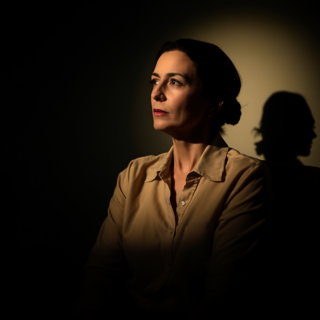 A woman sits in dramatic side lighting, casting a distinct shadow on the wall behind her.