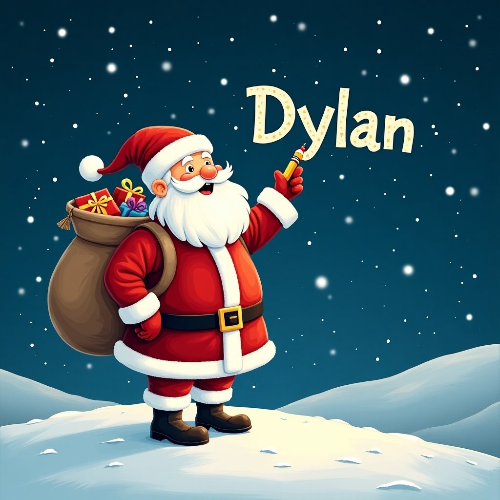 Santa Claus stands on a snowy hill under a starry night. He is writing names in the sky with a pencil. He is dressed in red and white. A large sack of gifts is on his back. The name 'Dylan' is displayed in a whimsical font.