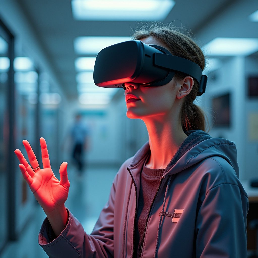 A person interacts with virtual reality technology in a modern setting. Bright artificial lights illuminate the space. The individual wears a VR headset, gesturing with one hand. The atmosphere conveys excitement and immersion in digital experiences.