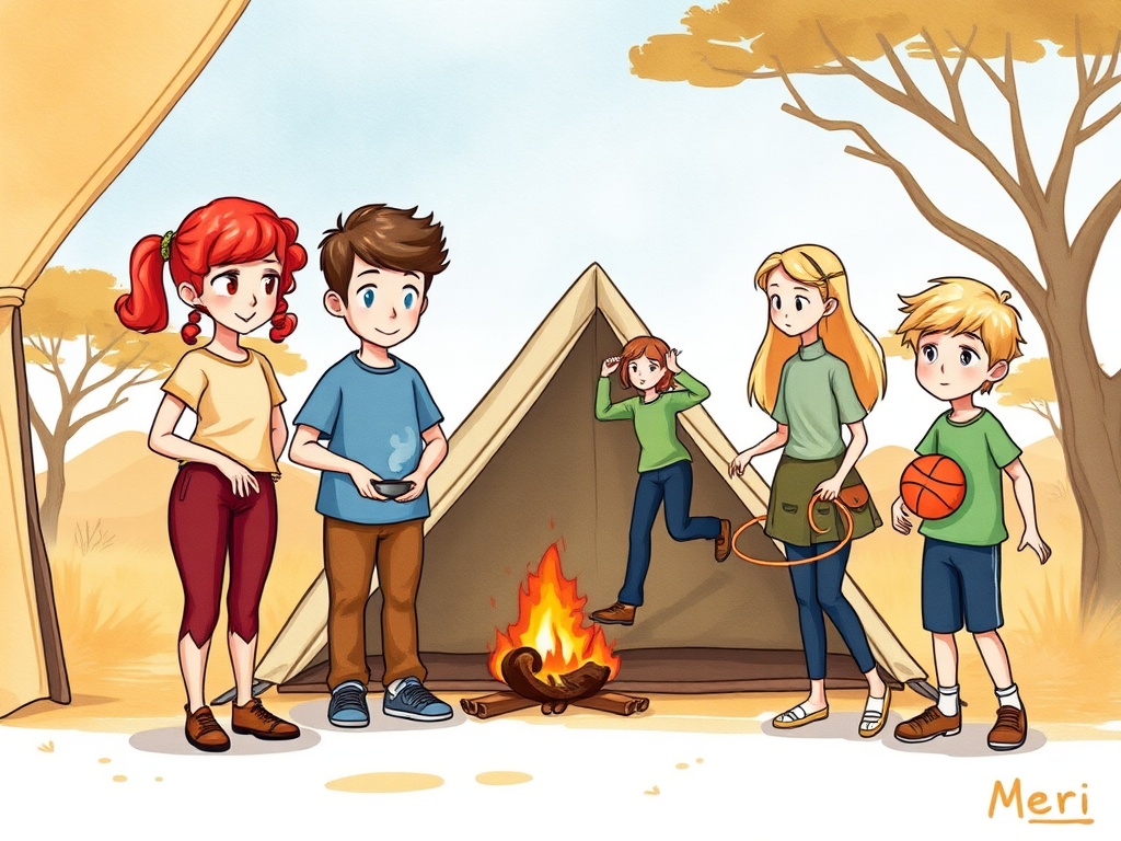 A charming illustration of five animated children gathered around a campfire in front of a tent. The scene exudes warmth and camaraderie, with one of the kids holding a basketball and another, a jump rope, suggesting a playful camping trip. The backdrop of sparse trees and clear skies accentuates the outdoor setting, evoking a sense of adventure and friendship.