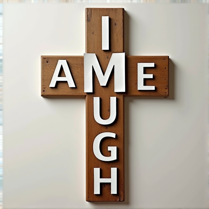 A wooden cross with letters spelling "I AM ENOUGH."