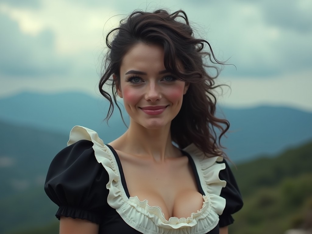 A young woman with wavy brown hair and striking eyes, wearing a black dress with white frills, smiling against a blurred natural landscape with hills and cloudy skies.