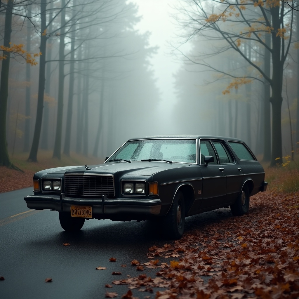 An old worn-out matte black Ford Gran Torino wagon from 1975 is parked on a damp road in a foggy forest during fall. The atmosphere is thick with mist, enhancing the vintage feel of the car. Dark trees line the road, and fallen leaves cover the ground, adding to the autumn vibe. The photograph captures the essence of nostalgia for classic cars. The car's matte black finish contrasts beautifully with the surrounding nature.