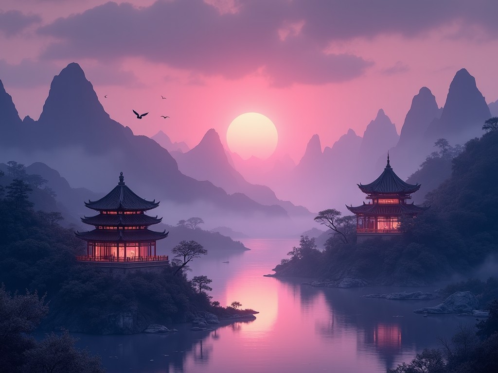 A serene landscape featuring two traditional Chinese pagodas at dusk. The pagodas are reflected in a calm lake, surrounded by misty mountains. The sky is a beautiful gradient of dark purple and pink as the sun sets behind the peaks. Trees gently outline the scene, creating a peaceful atmosphere. Birds can be seen flying in the distance, adding to the tranquility of the setting.