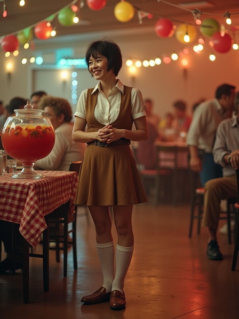 A lively class reunion takes place with 1970s nostalgic vibes. The venue is vibrant with colorful streamers and balloons. A woman stands next to a large punch bowl filled with a fruity drink. She has short black hair and a playful smile, dressed in a stylish brown skirt and white knee-high socks. Laughter and music create a warm atmosphere.