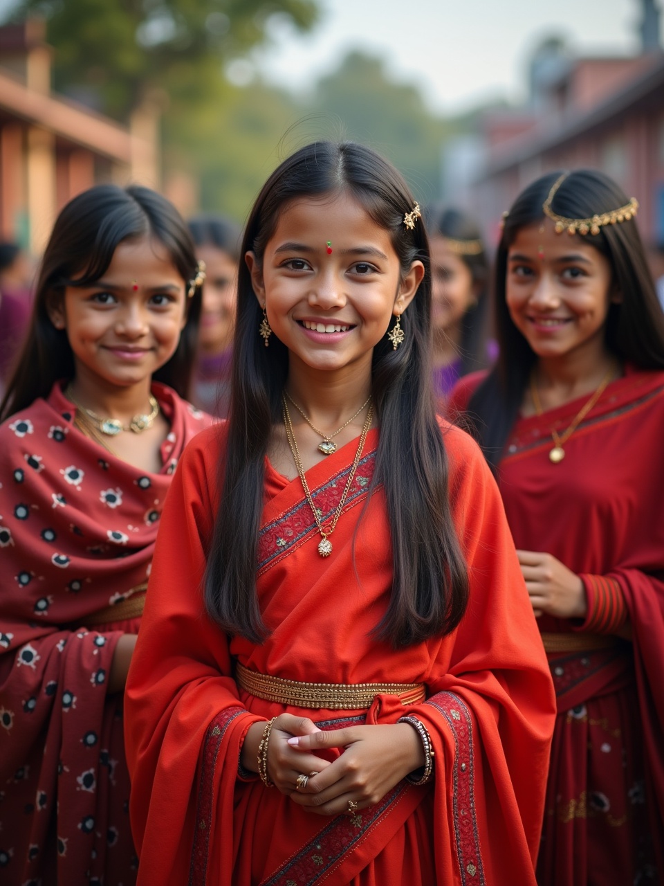 A joyful group of young girls wearing traditional attire, smiling cheerfully outdoors. The focus is on their colorful dresses and bright expressions, capturing a moment of cultural celebration.