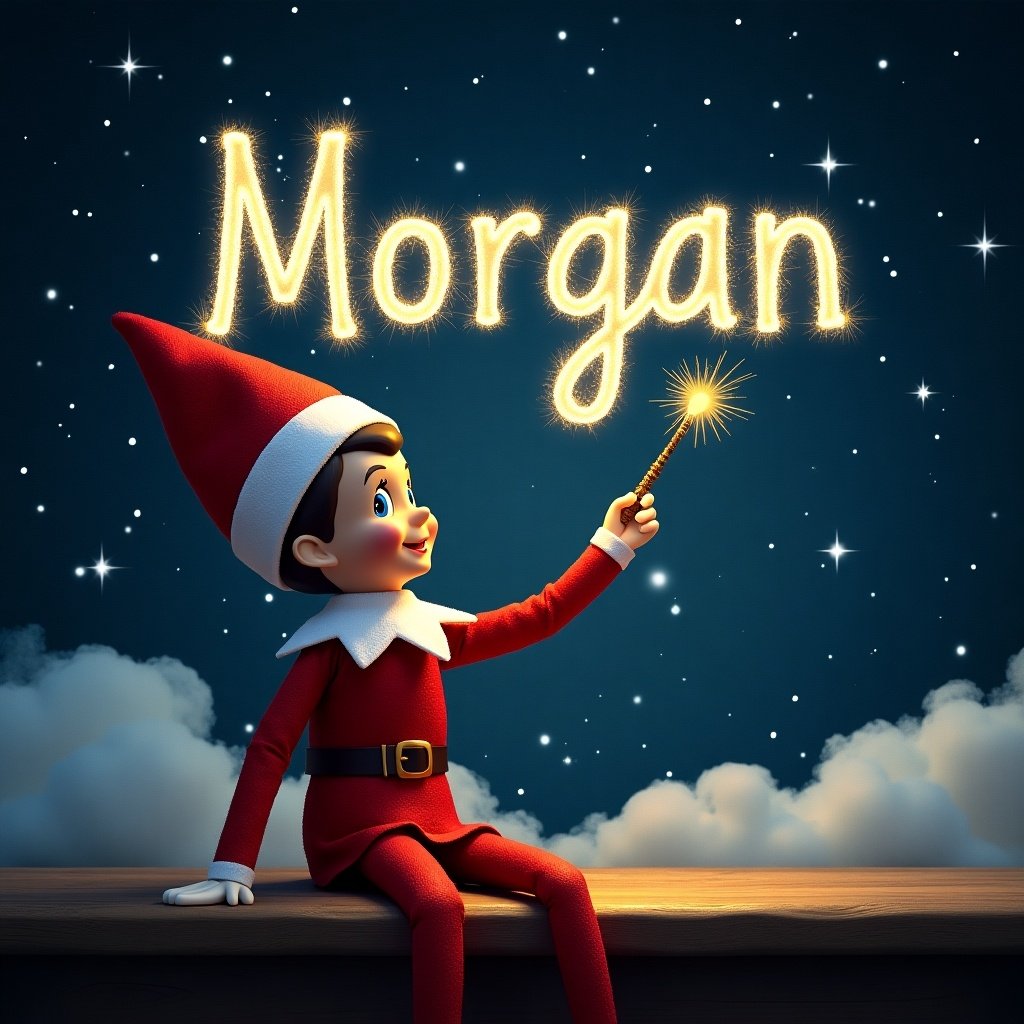 Elf on the shelf writing the name Morgan with a magical wand during Christmas. Background shows a starry night sky with dark clouds. The scene has a whimsical atmosphere with bright letters.