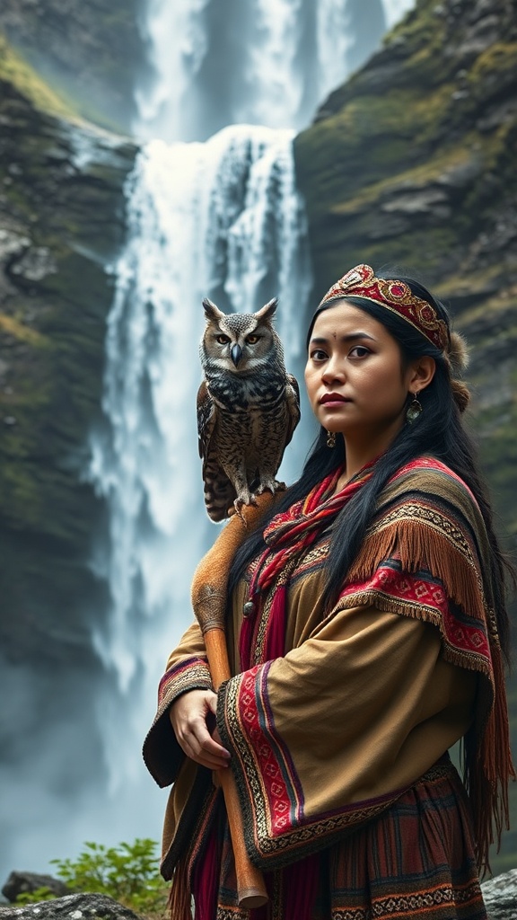 A woman in traditional attire stands beside an owl, with a majestic waterfall in the background.